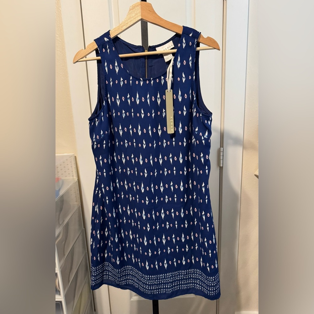 Kenar Blue Pink White Sleeveless Lined Zip Geo Pattern Dress Size 8 Medium NWT